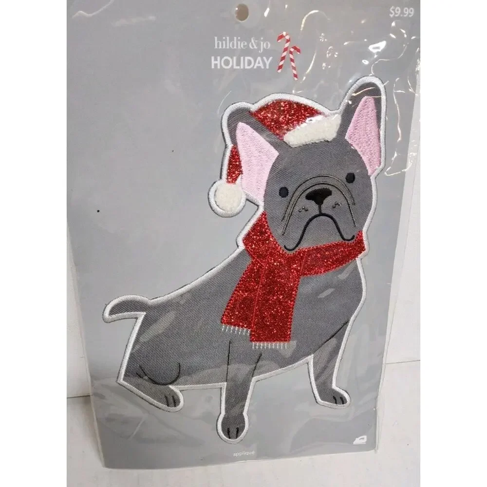 Large 5x7 Gray Santa Bulldog Iron on Patch Simplicity Christmas Applique B13